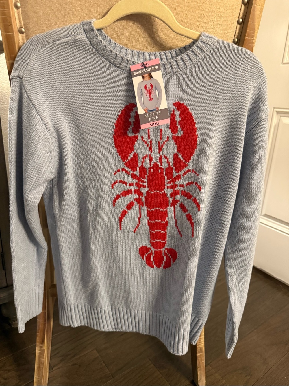 Mighty Fine Light Blue Crewneck Sweater with Red Lobster Motif